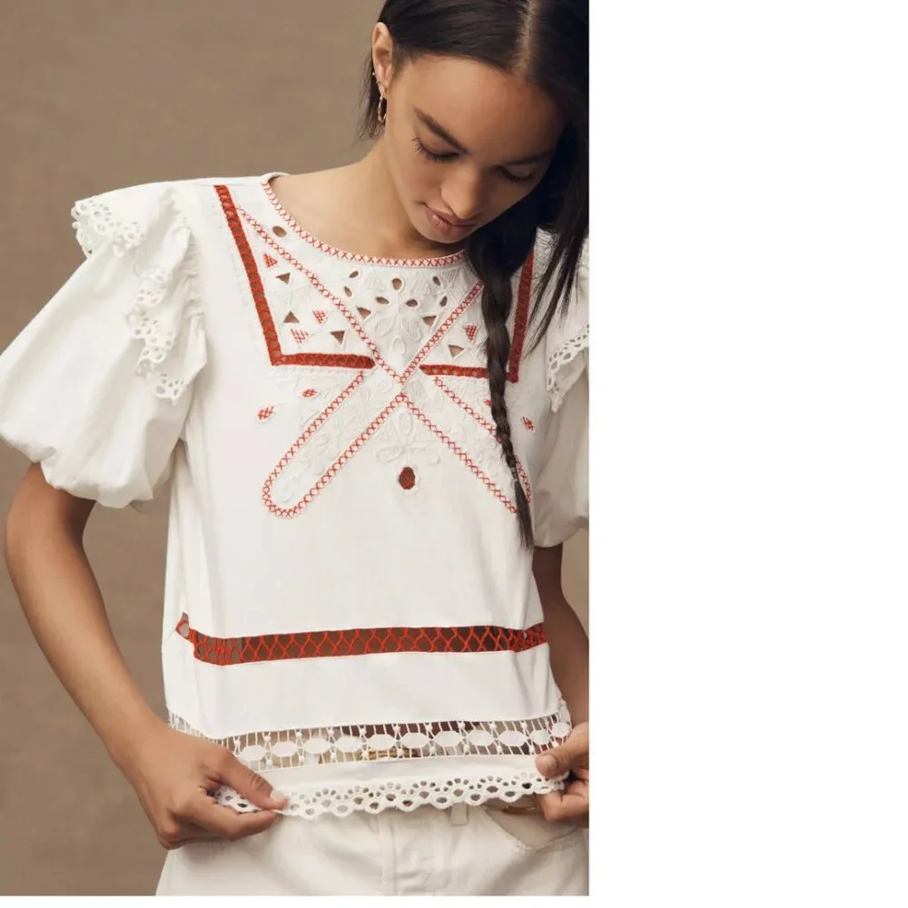 By Anthropologie Puff-Sleeve Cutwork Top blouse ivory color size S new nWT
